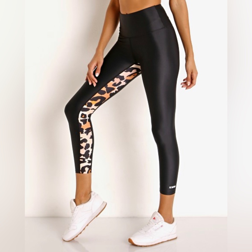 P.E Nation High Rise Crop Leggings S Black High Shine Animal Print Panel